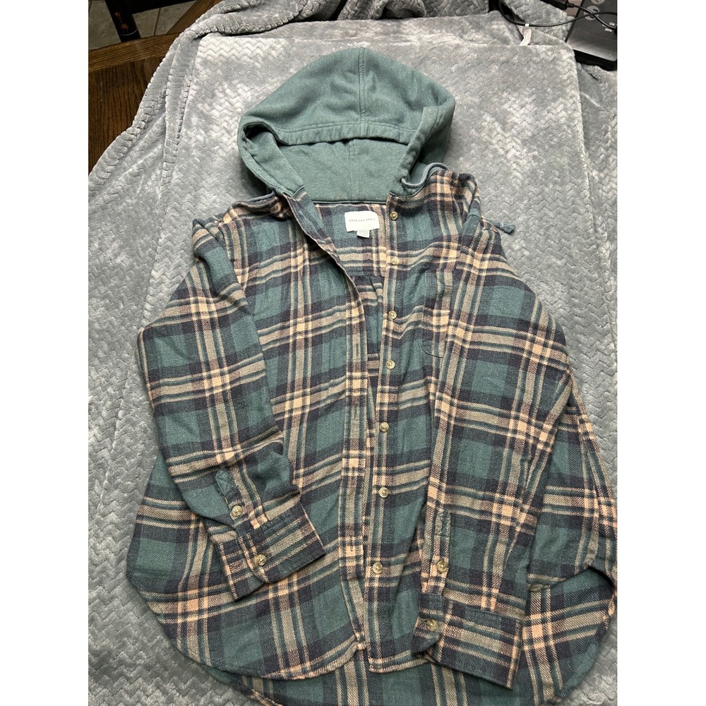 American Eagle Plaid Flannel Hooded Shirt Green Tan XS XS/TP/EXCH Long‎ Sleeve
